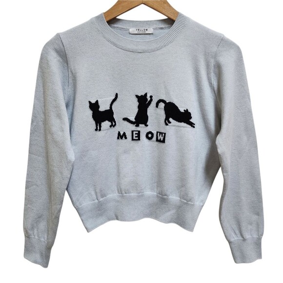 Cat Sweater Womens Sz S M Knit Gray Black Meow Spell Out Crop Stretchy Long Slv - Picture 1 of 10
